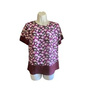 Banana Republic Floral Print Short Sleeve‎ Top, Burgundy Trim - Size XS